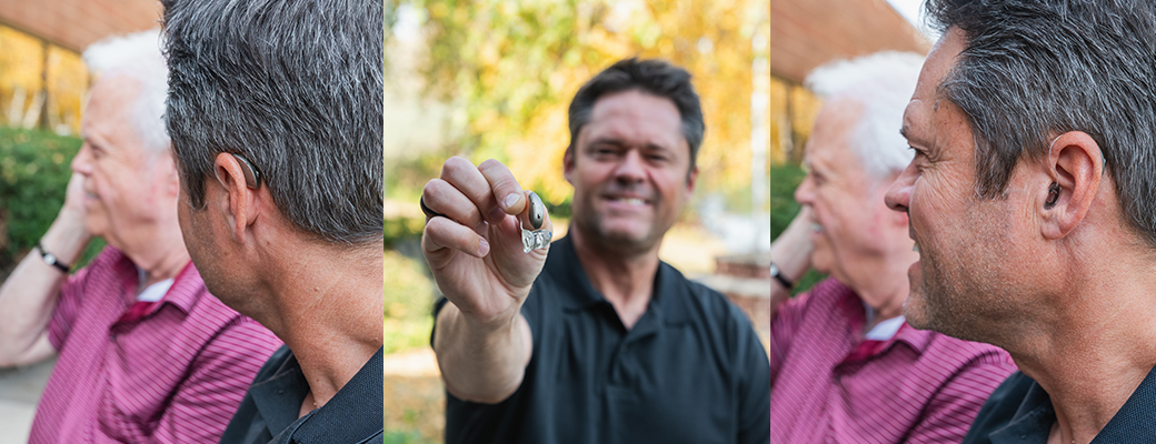 Three combined images of Justin Osmond wearing hearing aids from the side and behind views and also holding a hearing aid in his hand for all to see